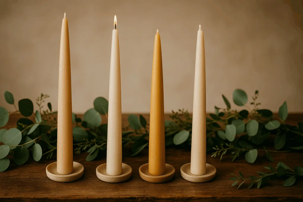 Eco-friendly taper candles made from soy wax and beeswax placed on a wooden table with natural greenery