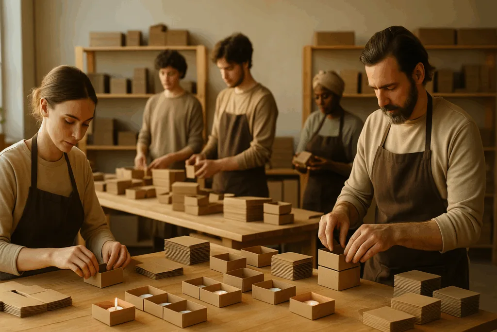 12 Inspiring Ways Eco-Friendly Tea Light Candle Boxes Wholesale Elevate Sustainable Candle Branding 3 Artisans assembling eco-friendly tea light candle boxes wholesale in sustainable workshop.