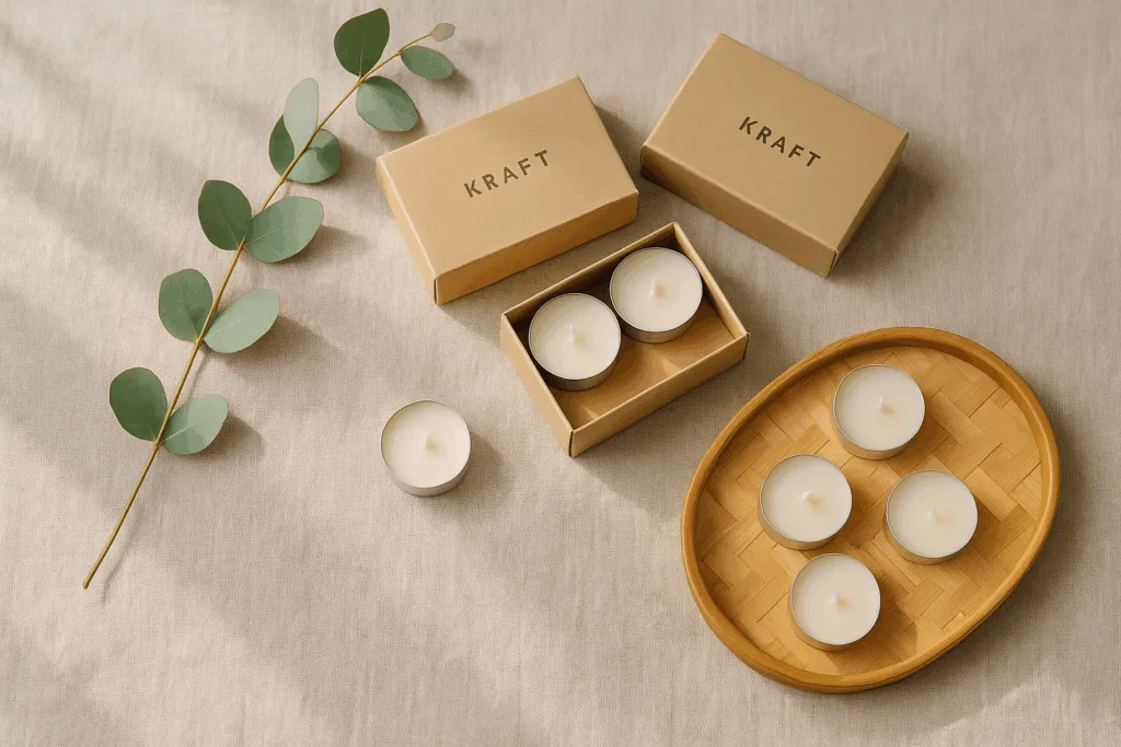12 Inspiring Ways Eco-Friendly Tea Light Candle Boxes Wholesale Elevate Sustainable Candle Branding 1 Eco-friendly tea light candle boxes wholesale displayed in natural minimalist setting with soft light and eucalyptus leaves.