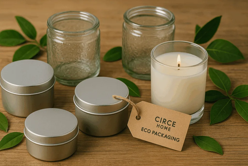 Eco-friendly candle containers made from recycled glass and tin with sustainable packaging.