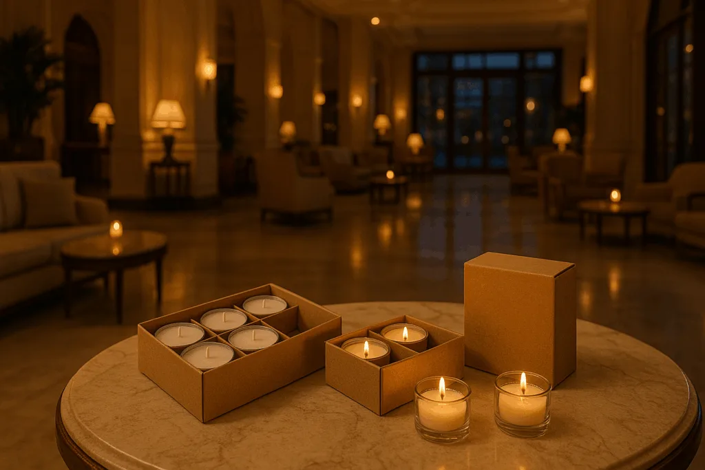 12 Inspiring Ways Eco-Friendly Tea Light Candle Boxes Wholesale Elevate Sustainable Candle Branding 2 Eco-friendly tea light candles in luxury hotel lobby setting with soft candlelight.