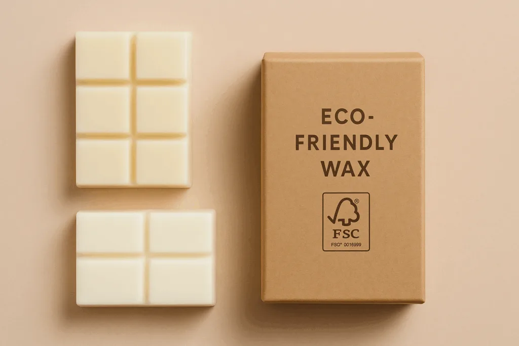 Natural soy and coconut wax with FSC-certified packaging materials for eco-friendly candles.