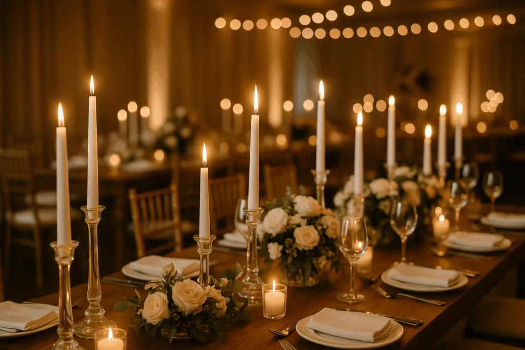 Elegant taper candles arranged on a wedding banquet table creating a timeless romantic atmosphere