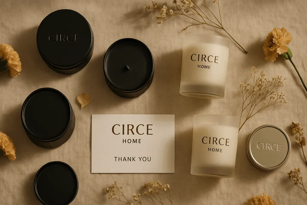 Circe Home candle collection featuring tin and glass containers in a luxury display.