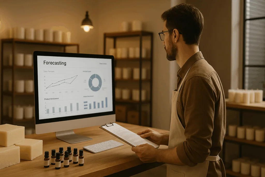 7 Ways to Keep Your Candle Supply Chain Strong During Peak Seasons 2 Circe Home artisan analyzing candle supply chain data on digital dashboard.