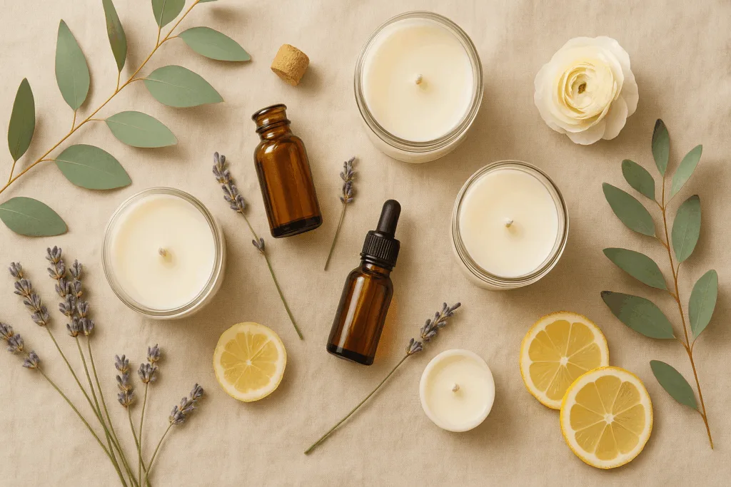 Overview of 2026 fragrance trends with natural candles and essential oils on a minimalist background.