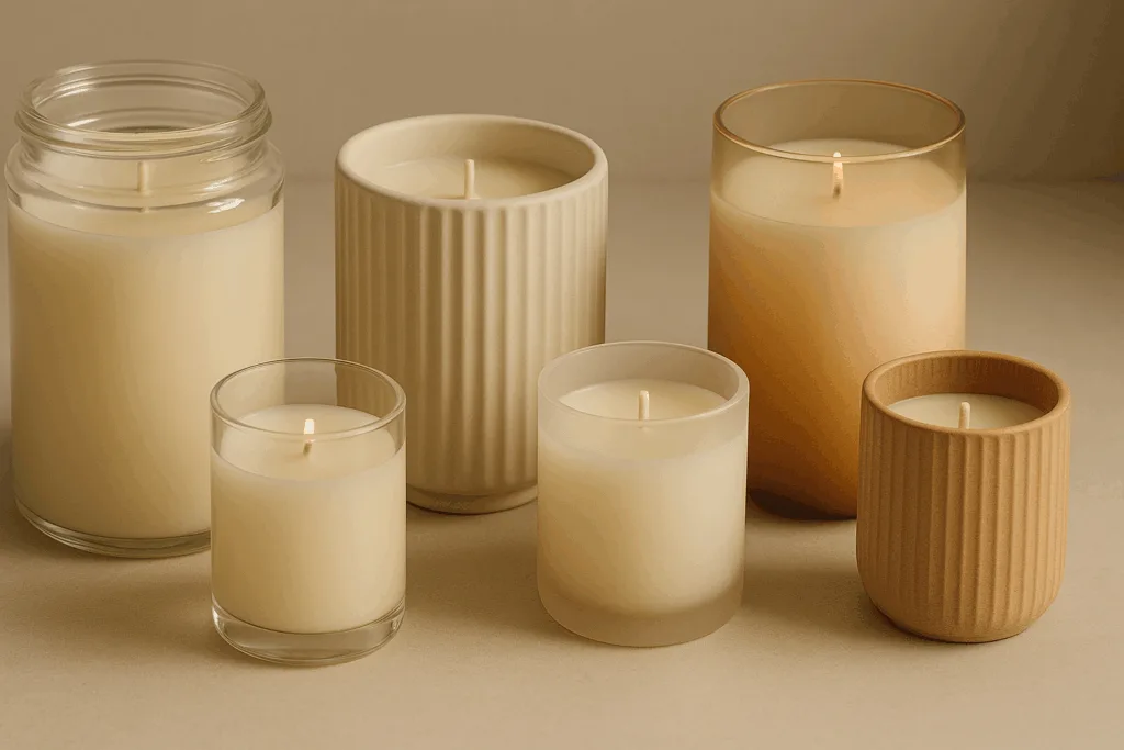 collection of refillable and gradient candle containers showing future candle container trends 2025.