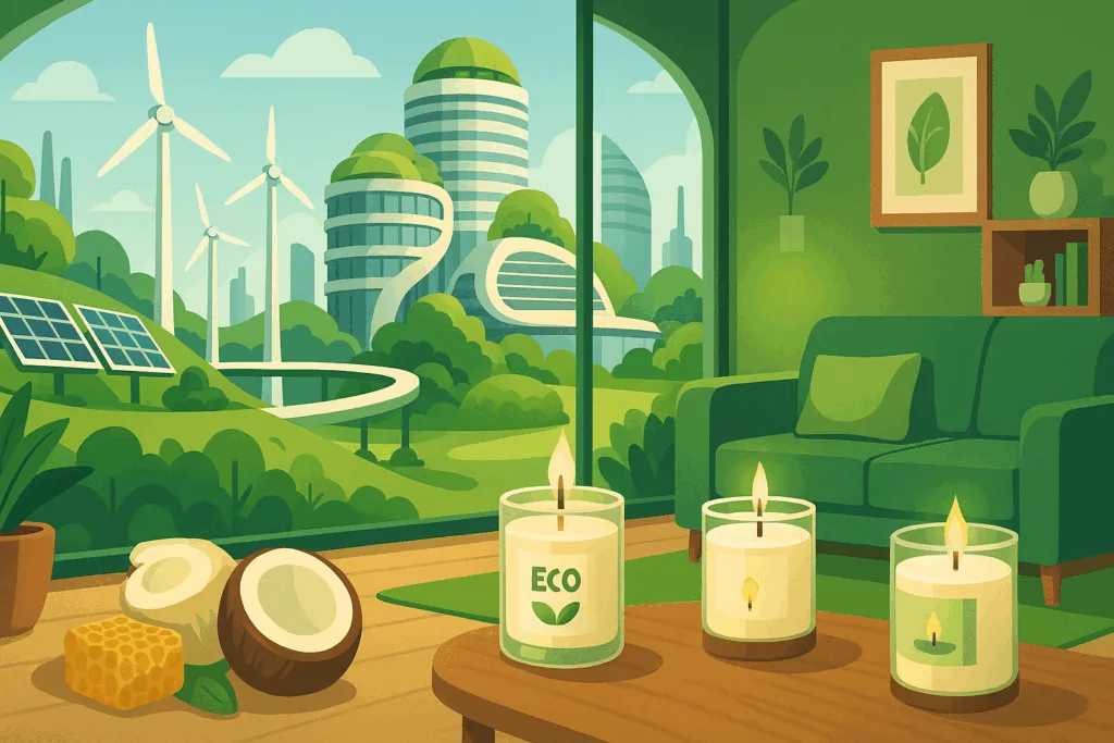 Concept of future sustainable candles in eco-friendly homes powered by renewable energy.