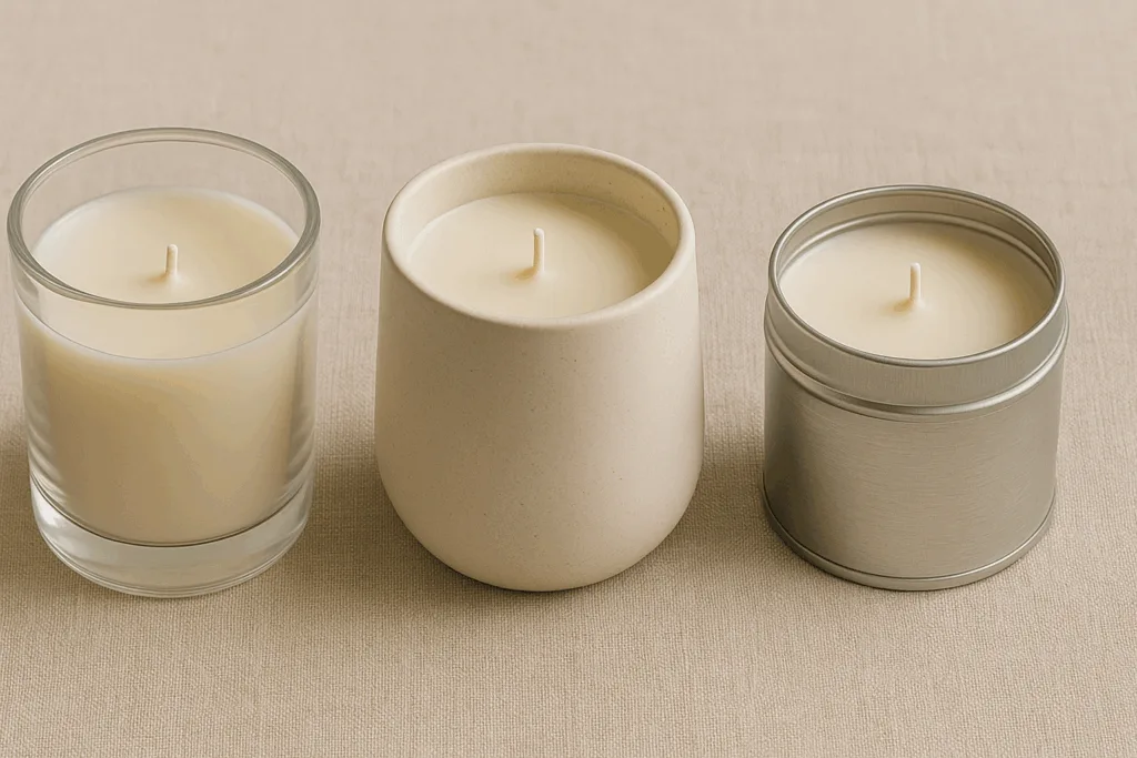 glass, ceramic, and metal candle containers representing candle container trends 2025.