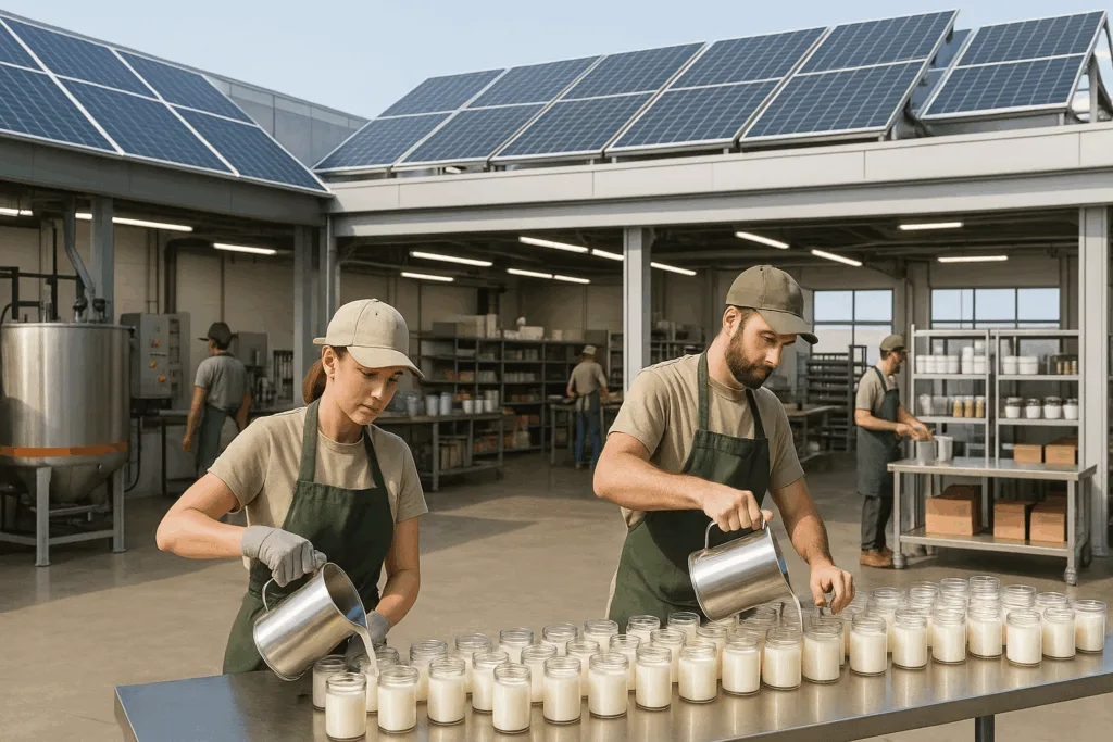 Sustainable candle manufacturing factory using solar energy and efficient machinery.