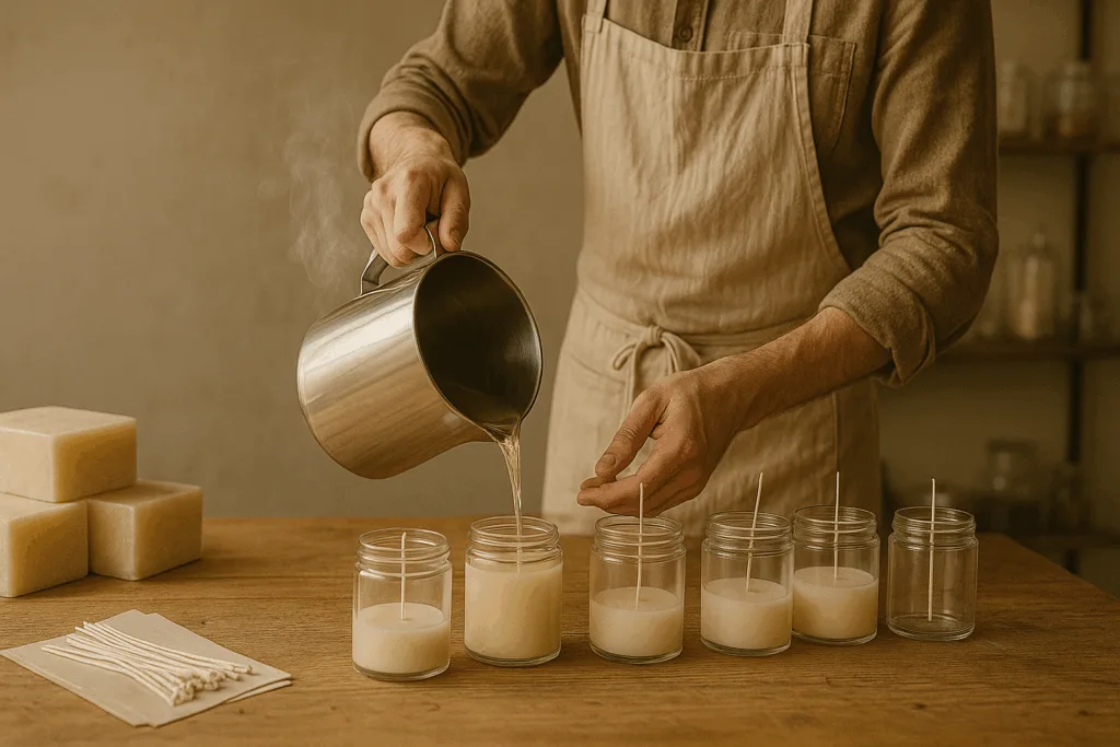 7 Ways to Keep Your Candle Supply Chain Strong During Peak Seasons 4 Circe Home artisan hand-pouring molten soy wax into glass jars in a minimalist workshop.