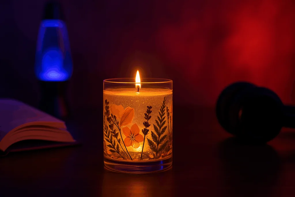 Hybrid candle glowing with embedded botanicals in a multisensory environment.