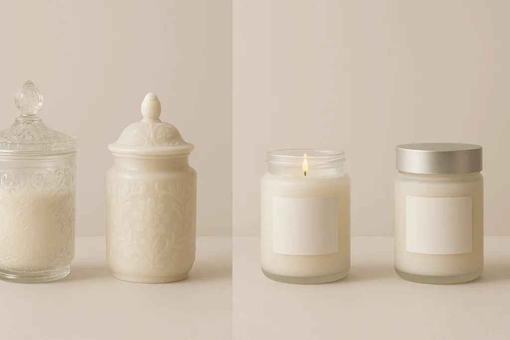 Comparison of traditional ornate candle jars and sleek modern designs showing candle evolution.