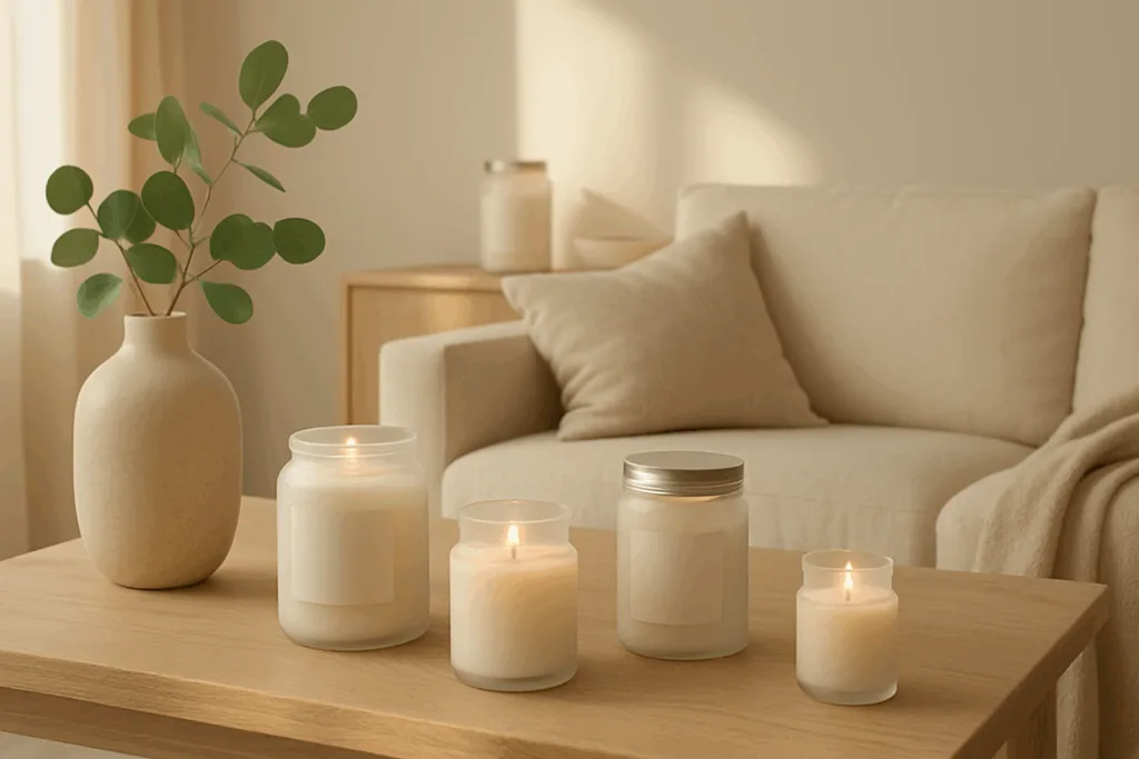 Minimalist frosted glass jar candles in a bright sustainable living room, representing 2025 trends.