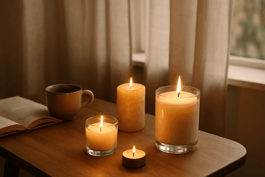 Top 10 Luxury Scented Candle Brands Loved in Europe & the US in 2025 6 Warm luxury candles glowing in a cozy minimalist interior symbolizing emotional comfort and relaxation.
