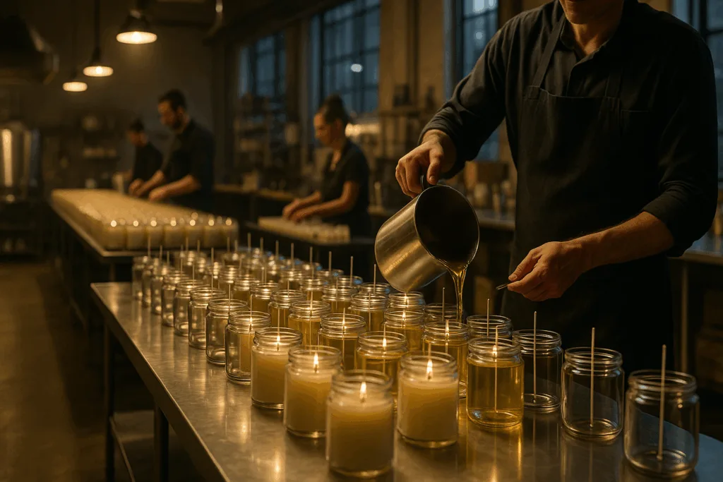 Circe Home luxury candle bulk order production studio with artisans pouring soy wax.