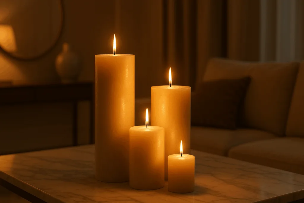 Large pillar candles glowing elegantly in a luxury home interior by Circe Home