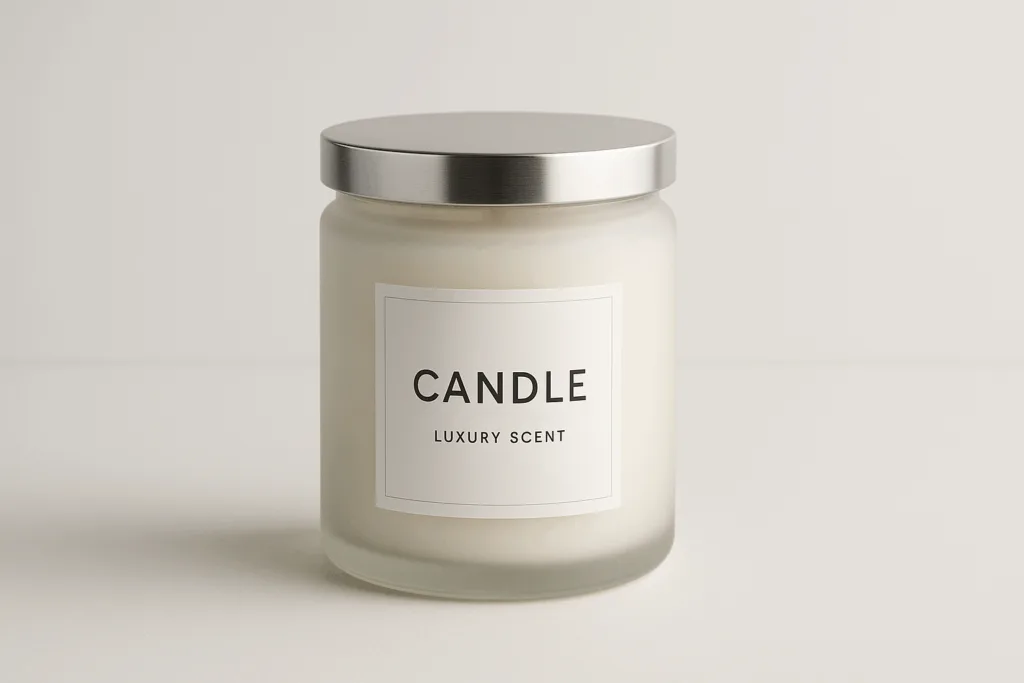 Frosted glass candle jar with silver lid, showing minimalist luxury design trend for 2025.