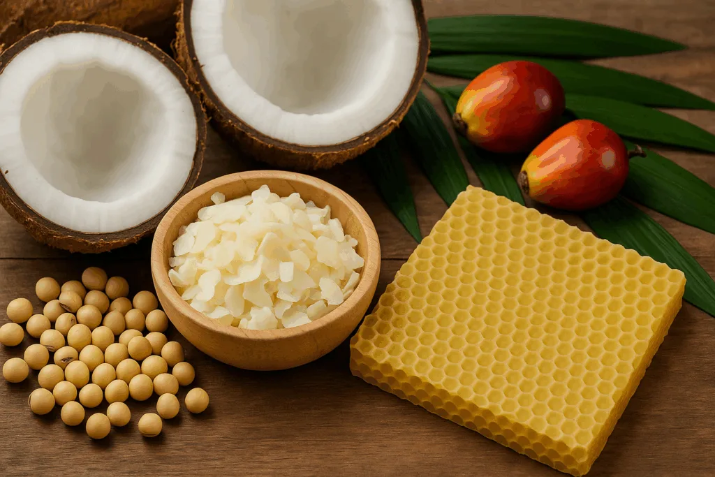 Soybeans, coconuts, beeswax, and RSPO palm fruit as sustainable wax materials.