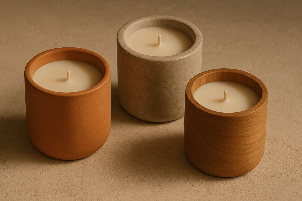 stone, terracotta, and wooden vessels showing natural candle container trends 2025