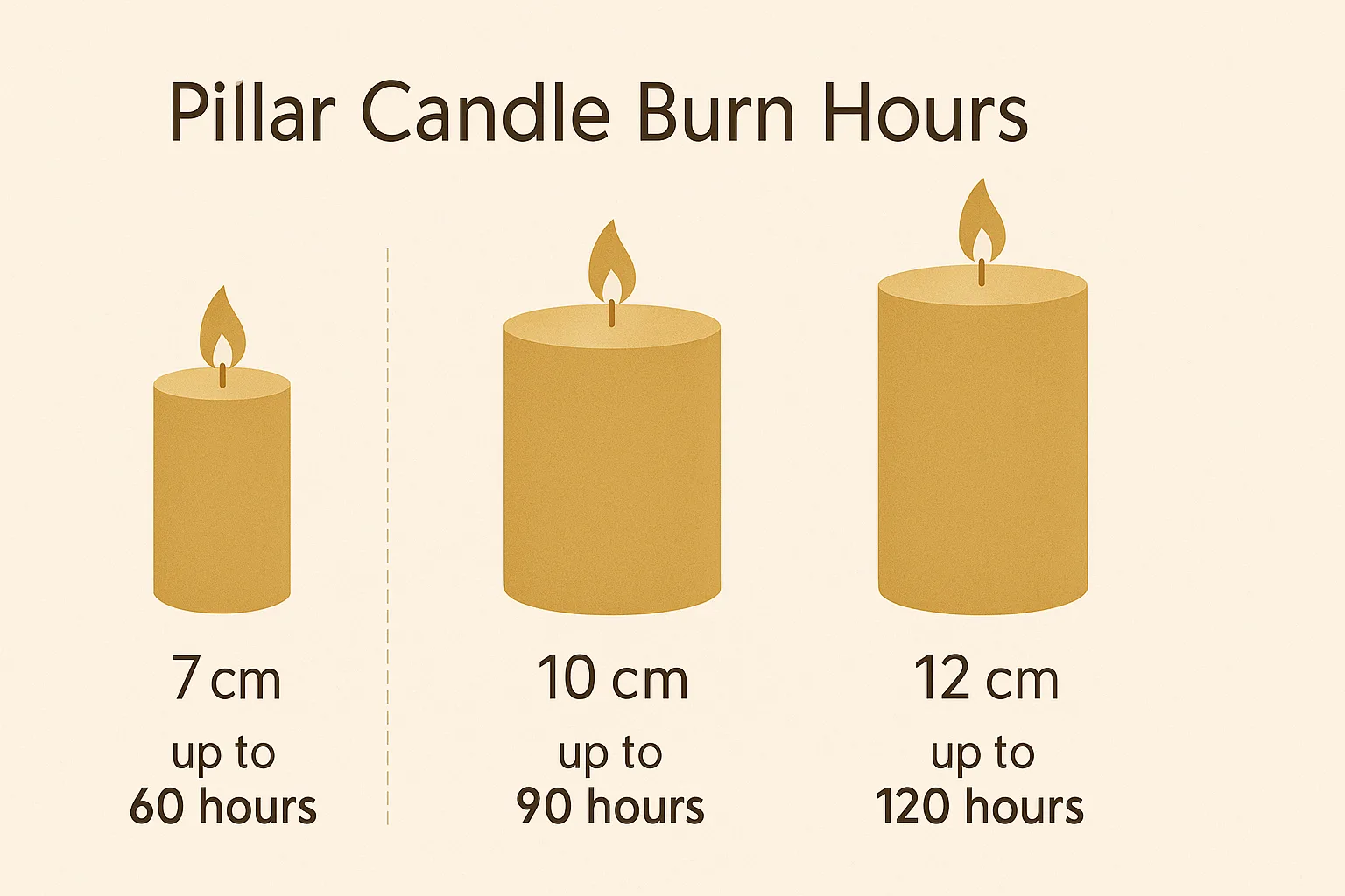 Infographic showing ideal burn times for large pillar candles by size