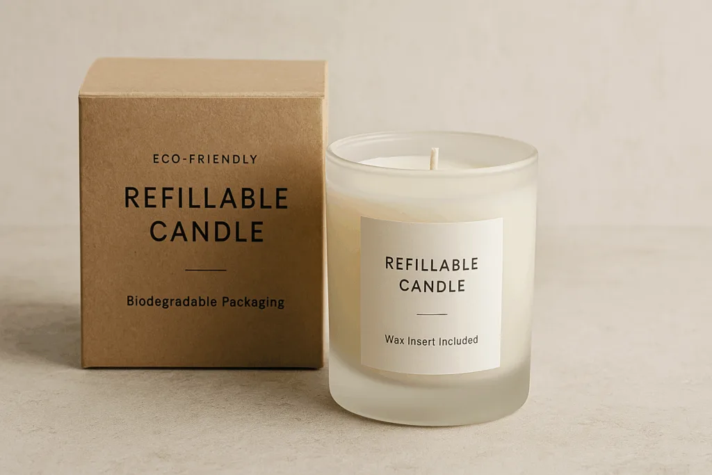 Refillable candle jar and eco packaging showing sustainability trend in candle design.