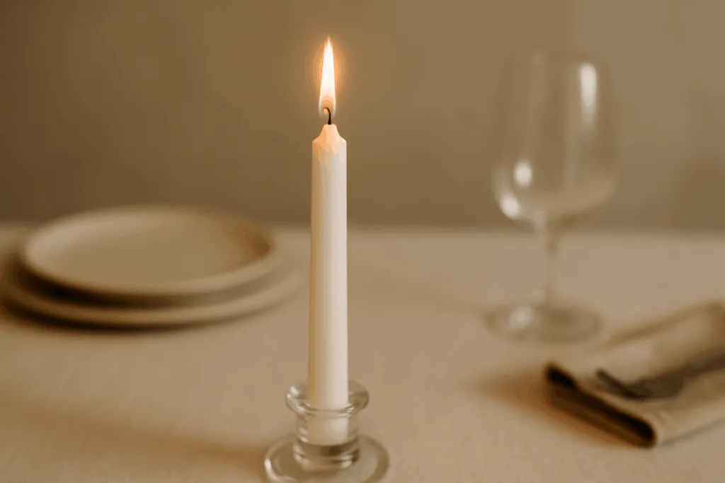 A single-wick taper candle burning gently on a minimalist dinner table with soft warm light