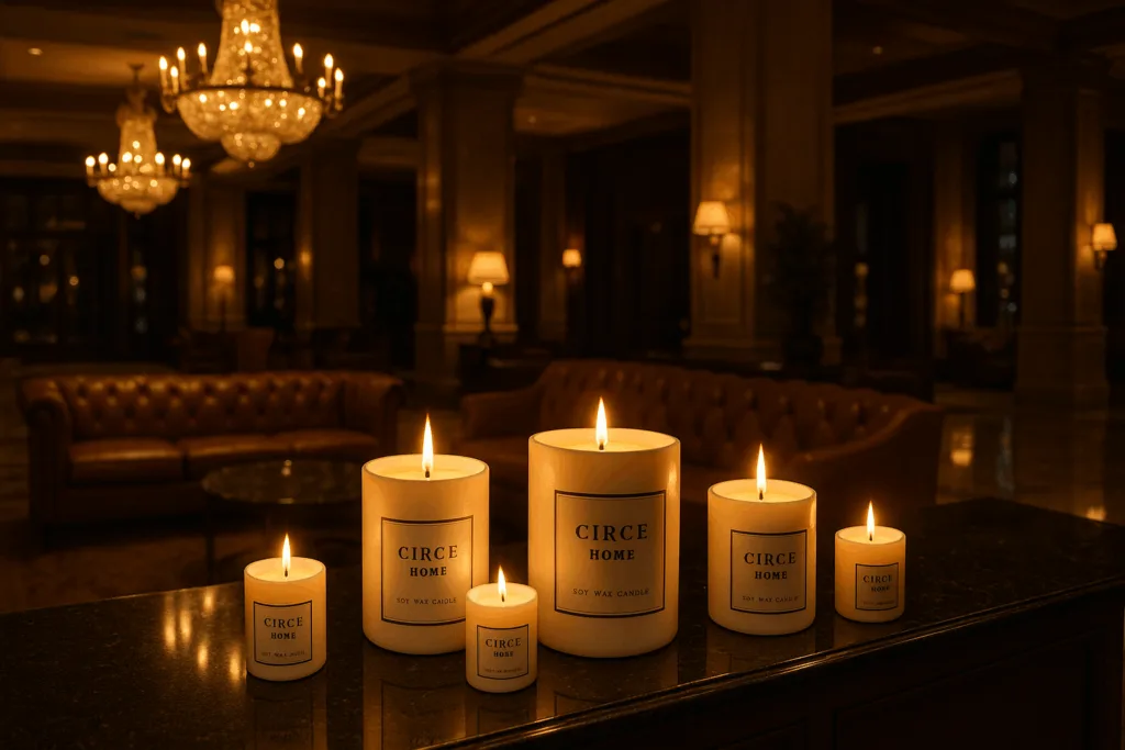 Circe Home soy wax candles illuminating a luxurious hotel lobby.