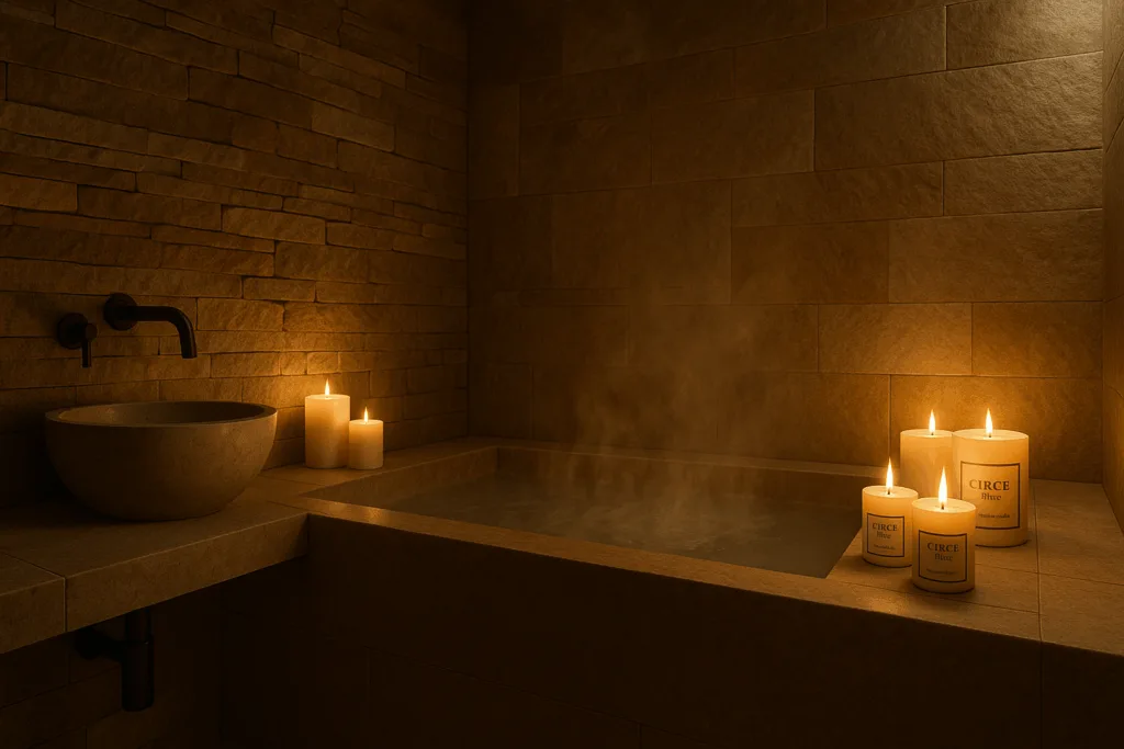 Soy wax candles glowing softly in a luxury spa environment.