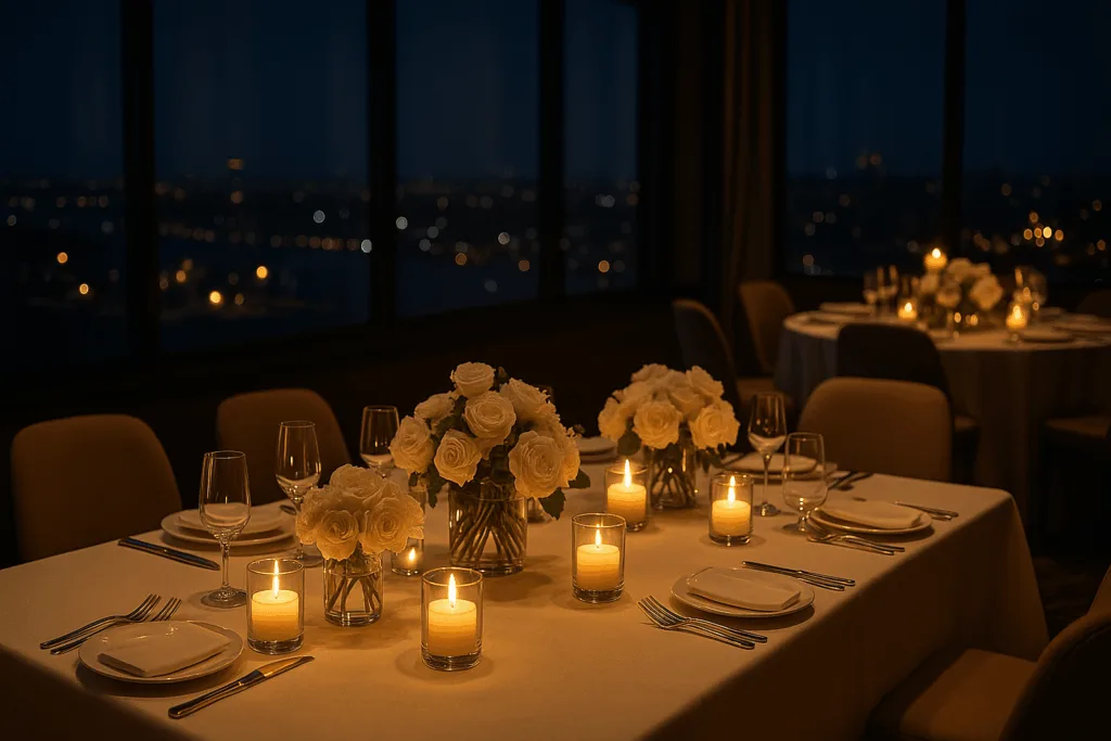 Soy wax candles adding romantic glow to a fine dining wedding table.