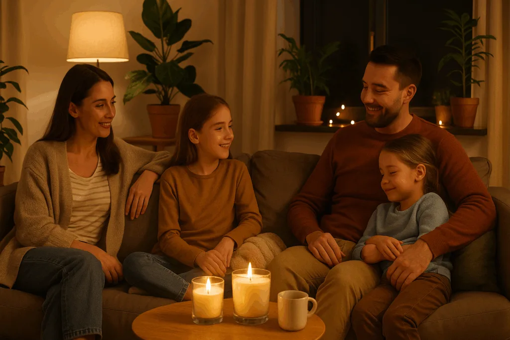 Family enjoying a cozy living room with eco-friendly candles and natural decor.