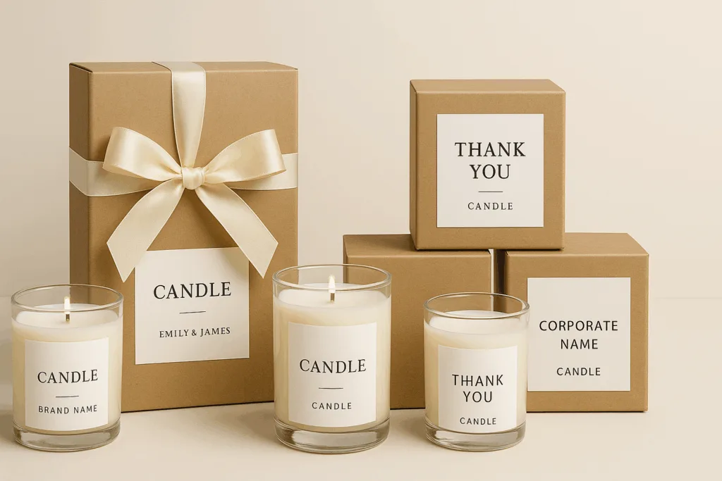 Eco-friendly candle gift sets with custom packaging and labels for weddings or events.