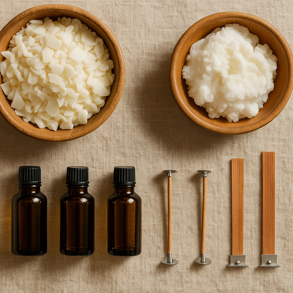 Eco-friendly wax ingredients including soy wax, coconut wax, and natural fragrance oils displayed in a clean workspace.
