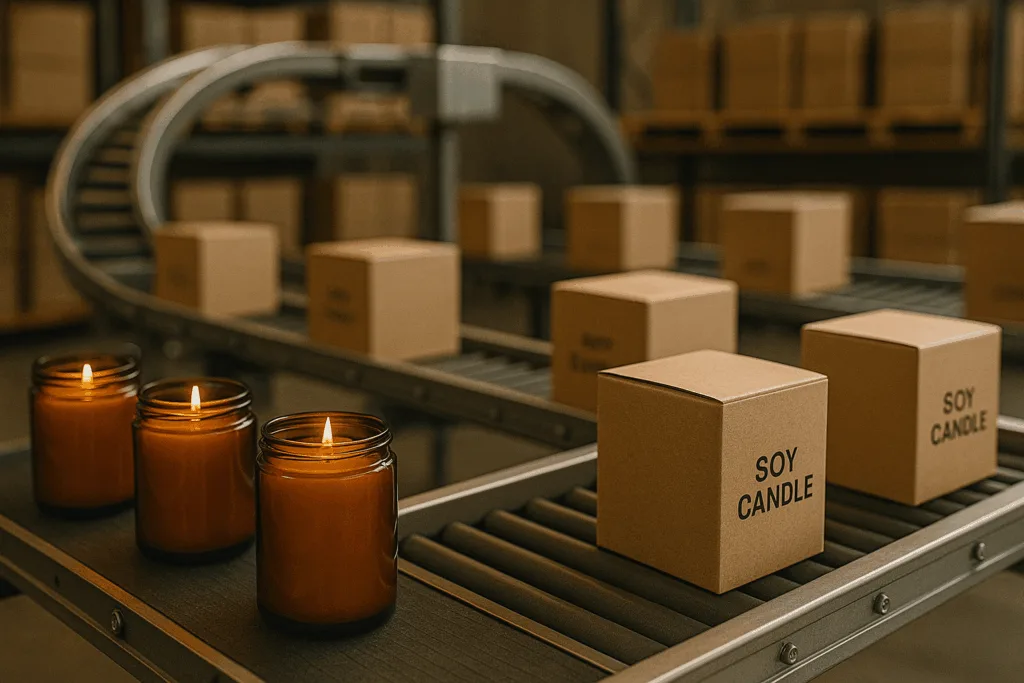 7 Ways to Keep Your Candle Supply Chain Strong During Peak Seasons 5 Eco-friendly candle packaging line in Circe Home warehouse ensuring sustainable logistics.