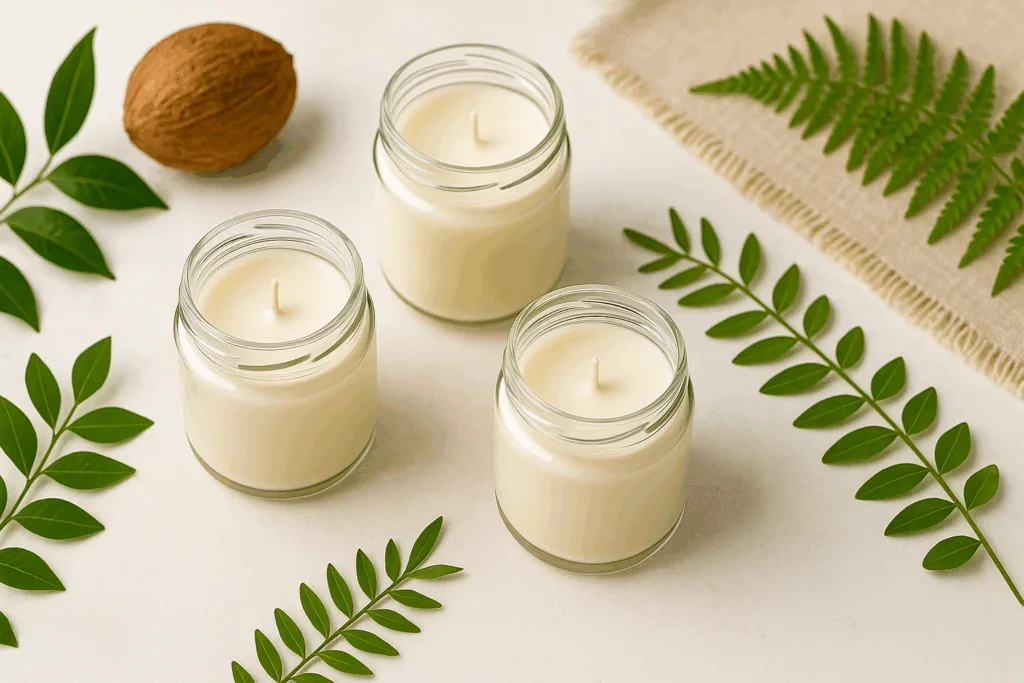 Eco-friendly soy and coconut wax candles in reusable jars with natural decor.