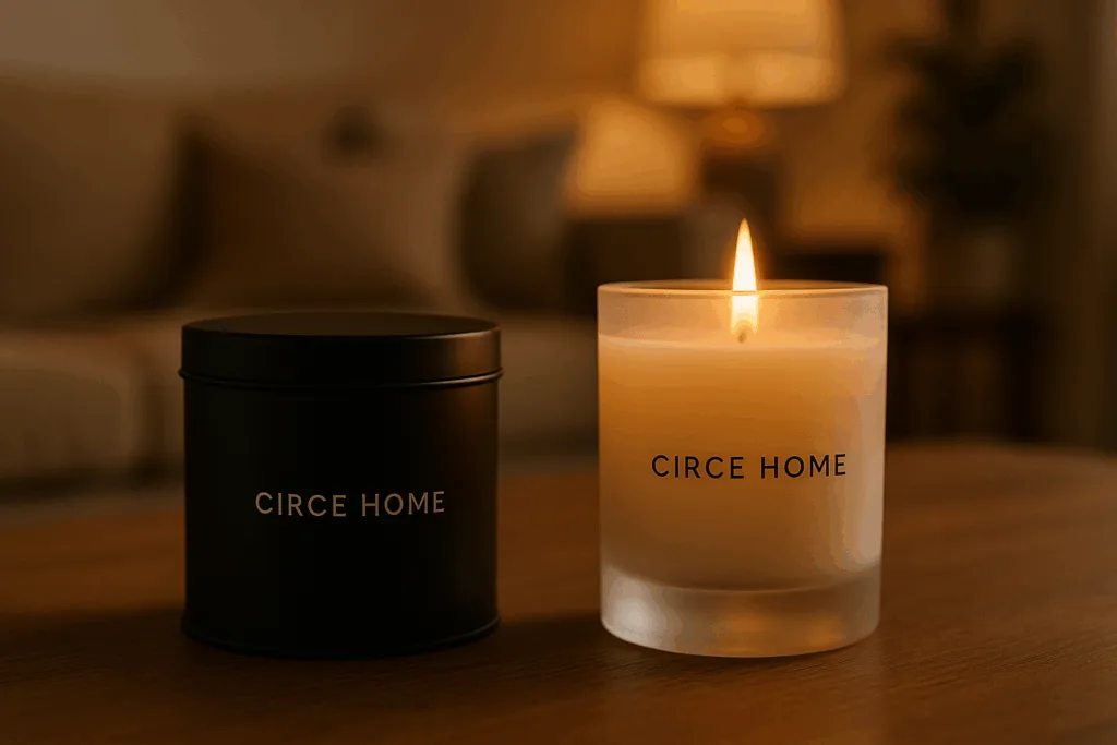 Comparison of tin and glass candle design aesthetics showing minimalist and luxurious styles.