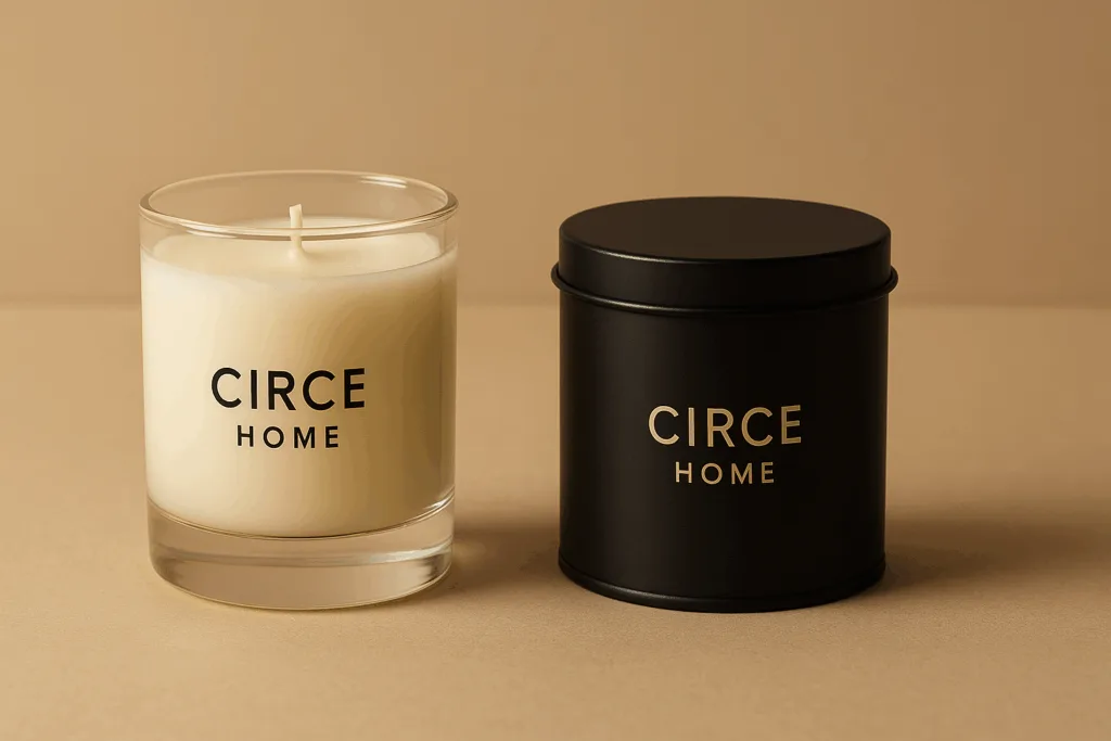 Tin and glass candle containers by Circe Home side by side showcasing material contrast.