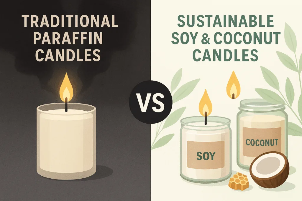 Comparison between traditional paraffin candles and eco-friendly soy or coconut candles.
