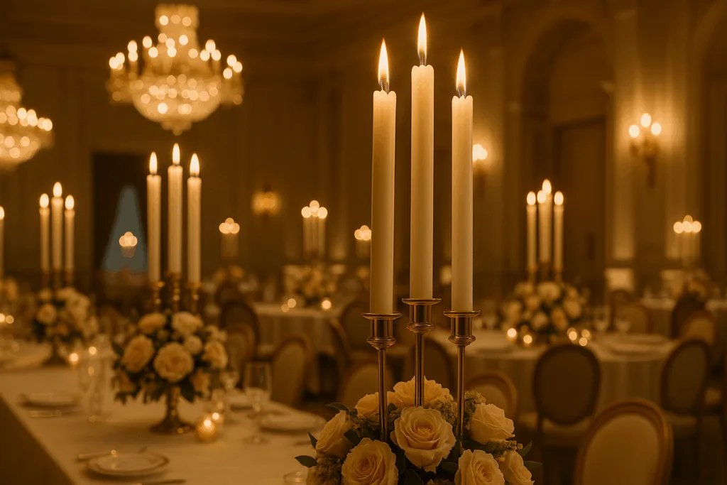 Triple-wick taper candles illuminating a luxurious event hall with grandeur and elegance