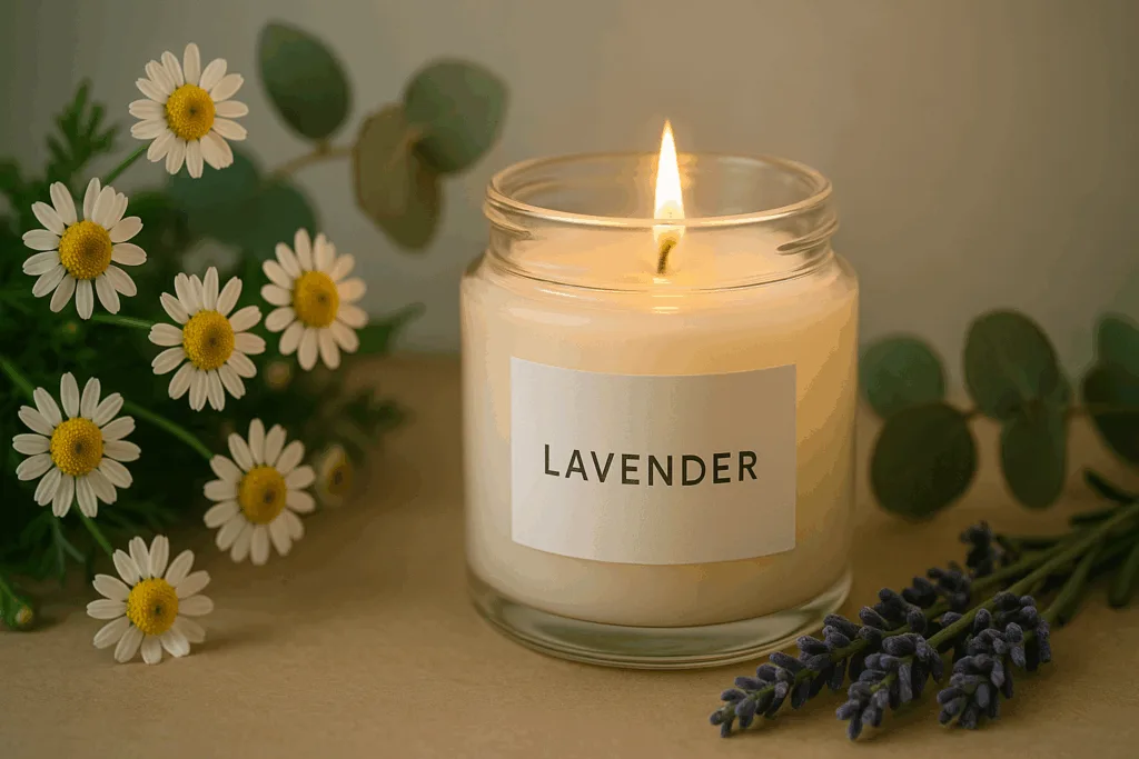 Lavender and chamomile aromatherapy candle for relaxation and wellness.”