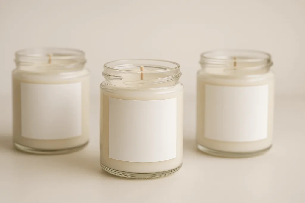 Plain soy candles in clear jars with blank labels, ready for white label branding.