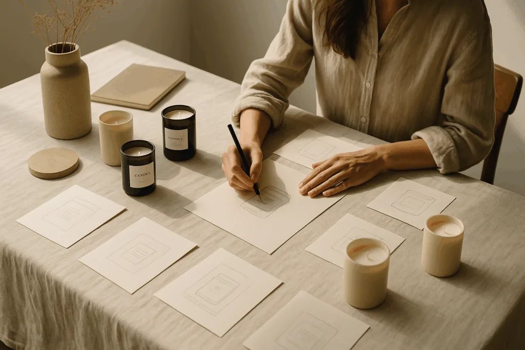 artisan designing candle brand concept in a minimalist candle studio