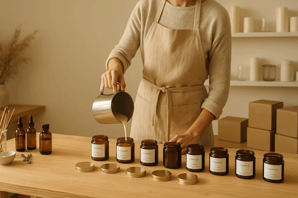 Artisan hand-pouring candles in Circe Home’s sustainable workshop.
