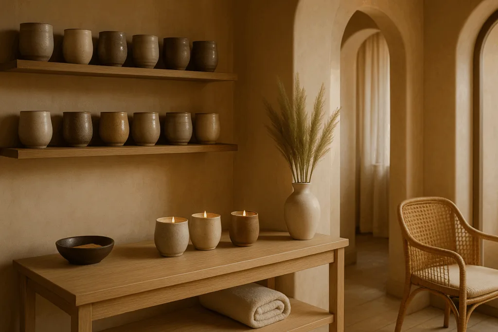 Spa display featuring Studio Pottery Candle Jars Wholesale