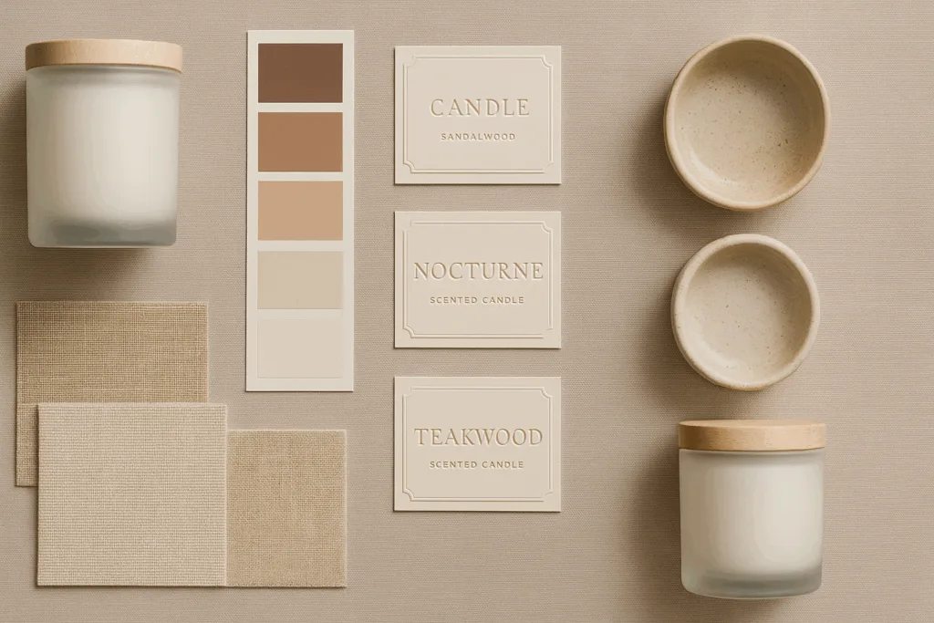 modern candle packaging design materials flat lay for candle brand design