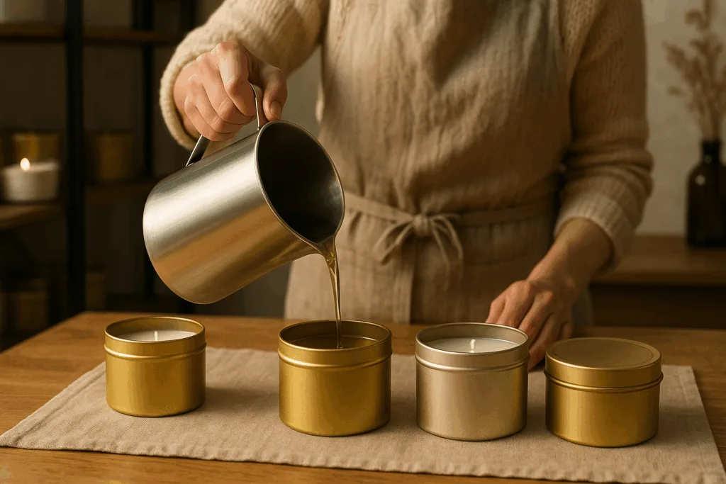 9 Elegant Ways the Best Tin Containers for Scented Candles Elevate Brand Luxury 5 Artisan pouring soy wax into the best tin containers for scented candles.