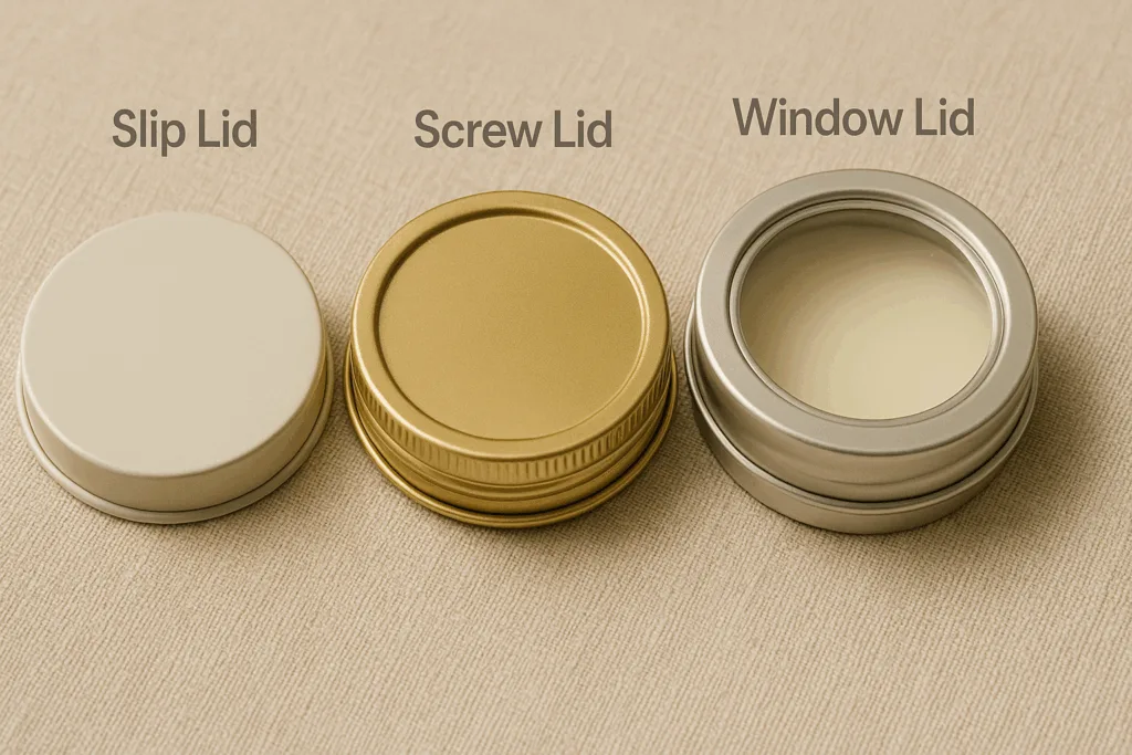 9 Elegant Ways the Best Tin Containers for Scented Candles Elevate Brand Luxury 3 Different lid styles for the best tin containers for scented candles in soft light.