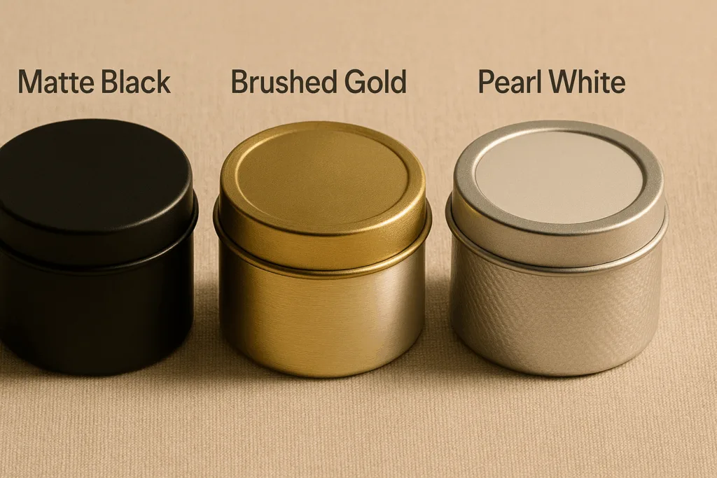 9 Elegant Ways the Best Tin Containers for Scented Candles Elevate Brand Luxury 4 Various surface finishes of best tin containers for scented candles under side lighting.