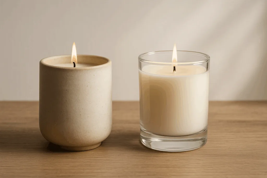 Aesthetic comparison of Ceramic vs Glass Candle Jars.