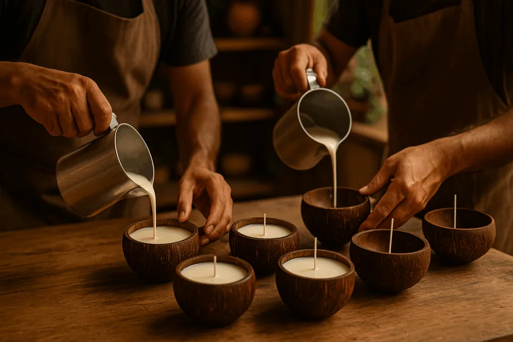 10 Benefits of Coconut Shell Candle Wholesale for Eco Brands 3 Artisans hand-pouring Coconut Shell Candle Wholesale vessels.